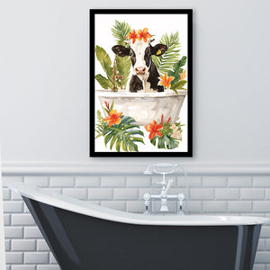 Dairy Cow In Bathtub Bathroom Decor Print Framed Art Print Wall Decor, Bathroom Framed Art Decor