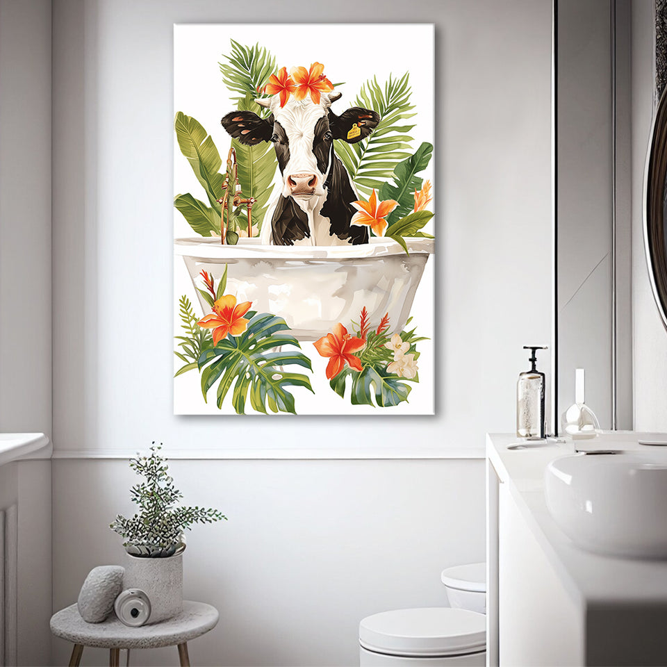 Dairy Cow In Bathtub Bathroom Decor Print Canvas Prints Wall Art, Bathroom Art Decor,