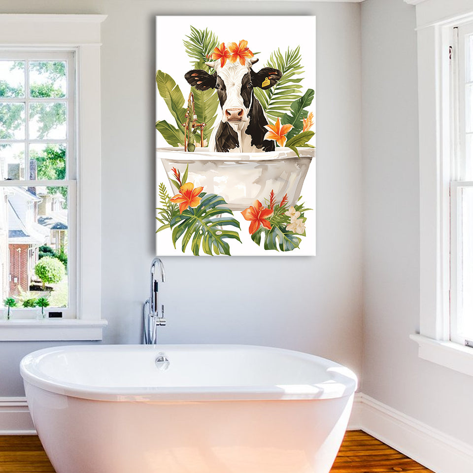 Dairy Cow In Bathtub Bathroom Decor Print Canvas Prints Wall Art, Bathroom Art Decor,