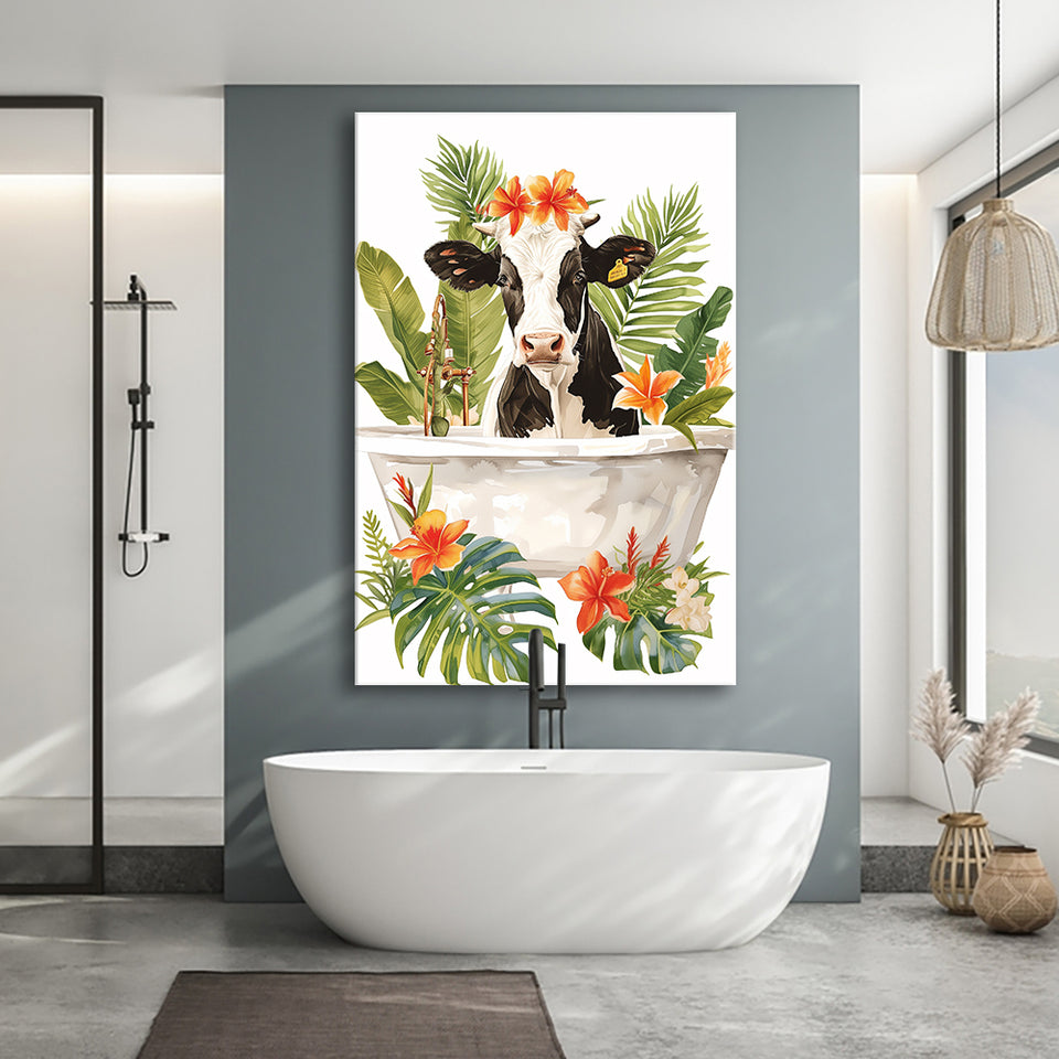 Dairy Cow In Bathtub Bathroom Decor Print Canvas Prints Wall Art, Bathroom Art Decor,