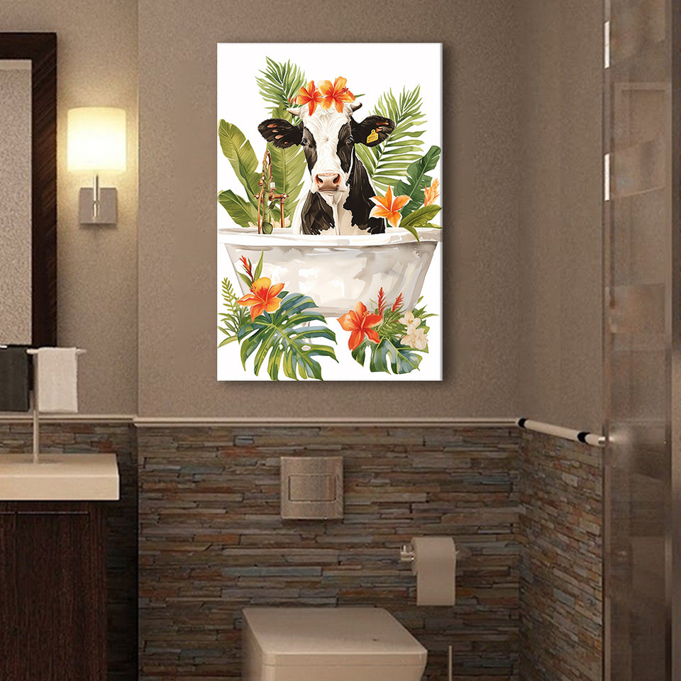 Dairy Cow In Bathtub Bathroom Decor Print Canvas Prints Wall Art, Bathroom Art Decor,