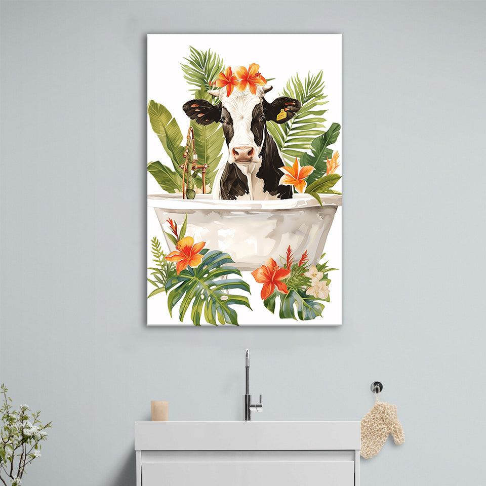 Dairy Cow In Bathtub Bathroom Decor Print Canvas Prints Wall Art, Bathroom Art Decor,
