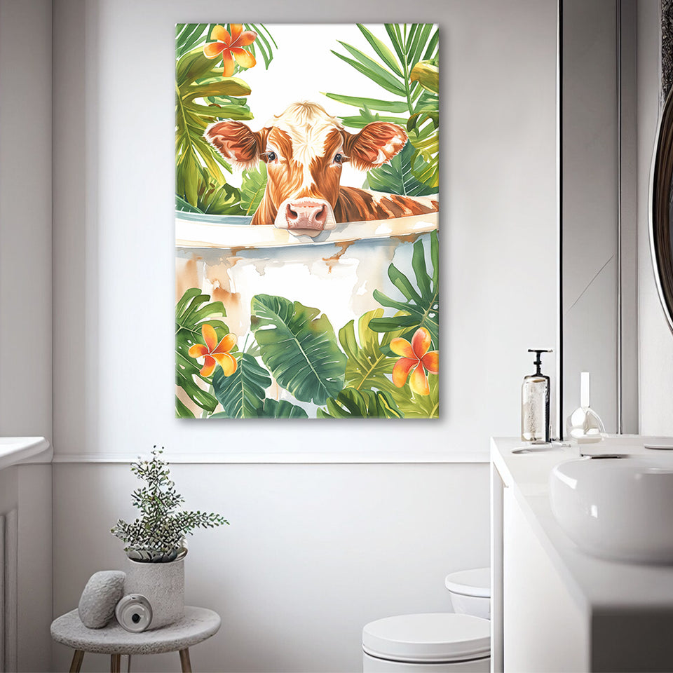 Dairy Cow In Bathtub Bathroom Decor Print  V1 Canvas Prints Wall Art, Bathroom Art Decor,