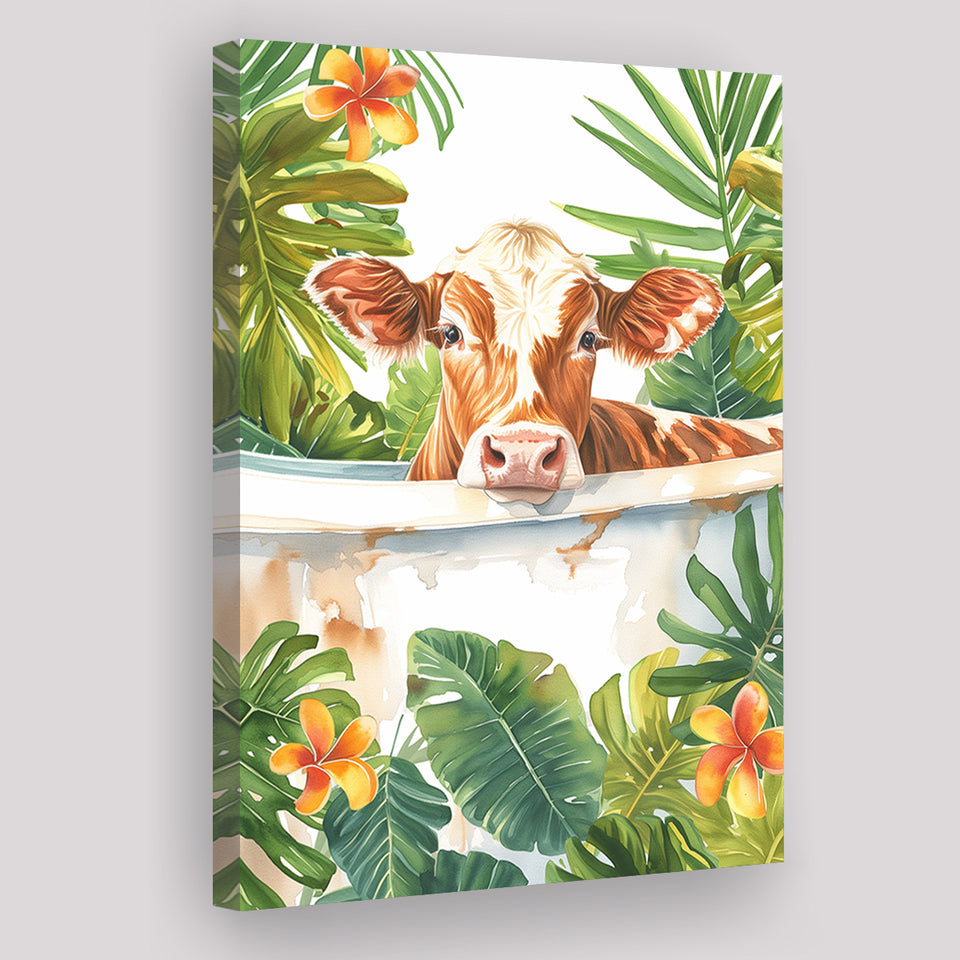 Dairy Cow In Bathtub Bathroom Decor Print  V1 Canvas Prints Wall Art, Bathroom Art Decor,