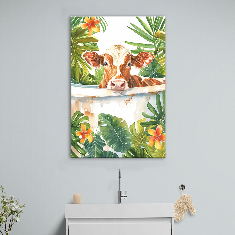 Dairy Cow In Bathtub Bathroom Decor Print  V1 Canvas Prints Wall Art, Bathroom Art Decor,