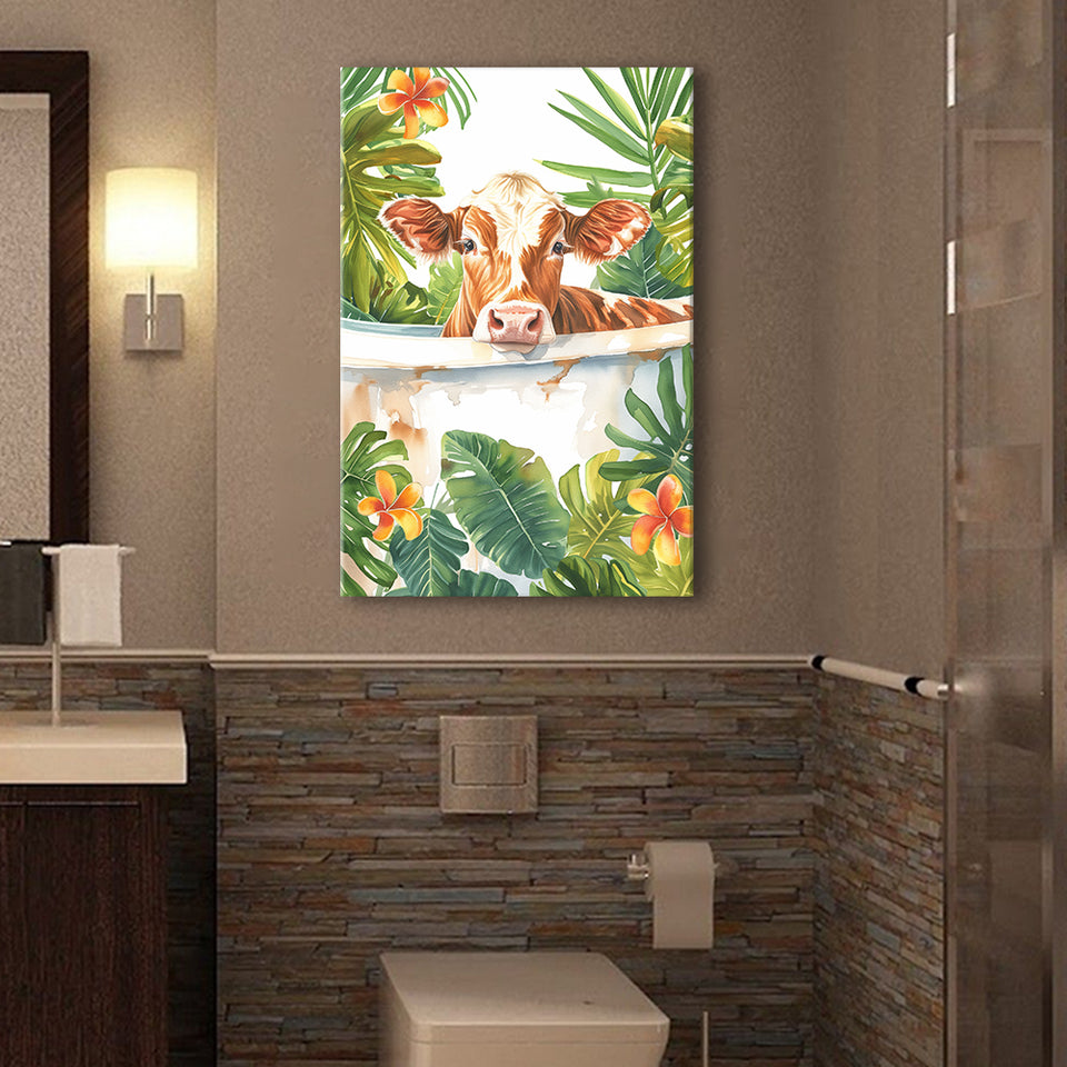 Dairy Cow In Bathtub Bathroom Decor Print  V1 Canvas Prints Wall Art, Bathroom Art Decor,