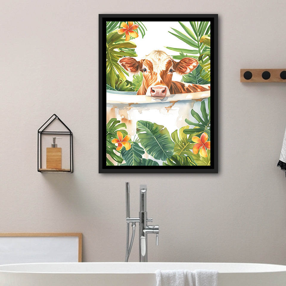 Dairy Cow In Bathtub Bathroom Decor Print  V1 Framed Canvas Prints Wall Art, Bathroom Framed Art Decor