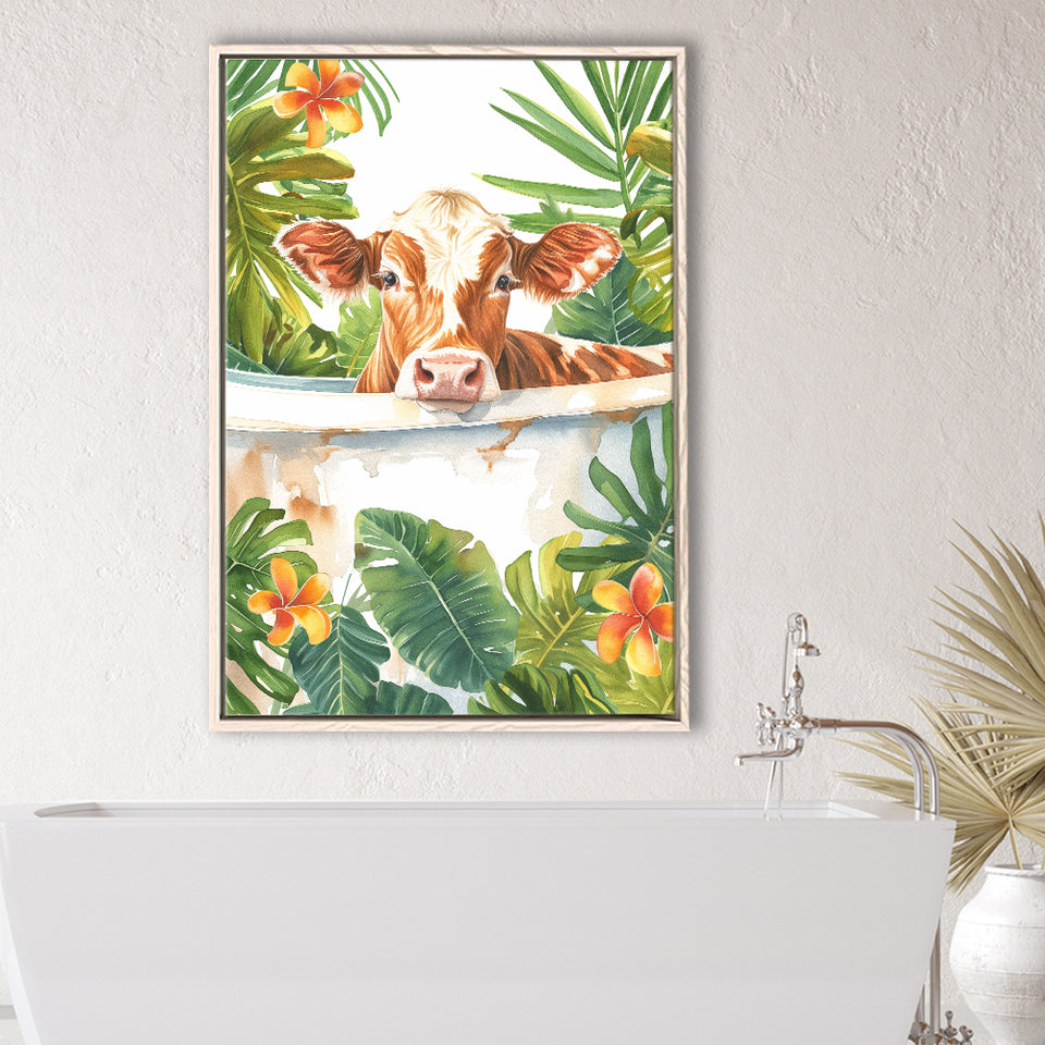 Dairy Cow In Bathtub Bathroom Decor Print  V1 Framed Canvas Prints Wall Art, Bathroom Framed Art Decor