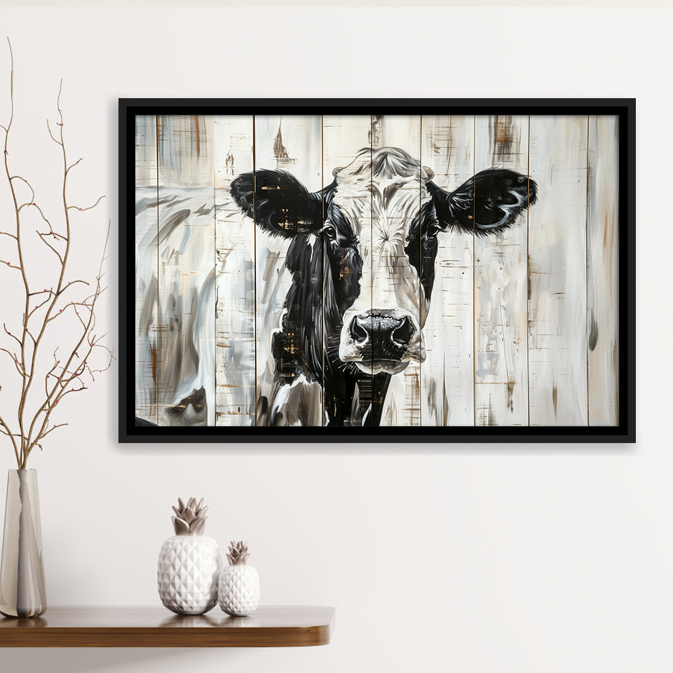 Dairy Cow Painted On Wood Background Rustic Painting, Framed Canvas Print Wall Art Decor,Floating Frame