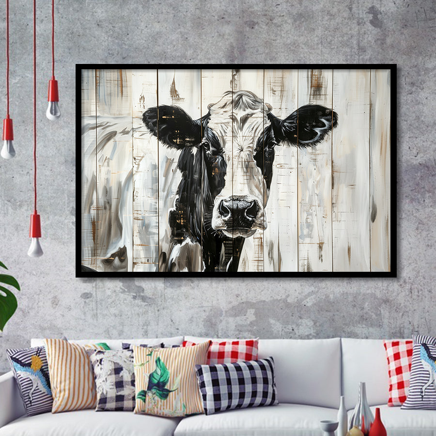 Dairy Cow Painted On Wood Background Rustic Painting, Framed Art Print Wall Decor, Framed Picture