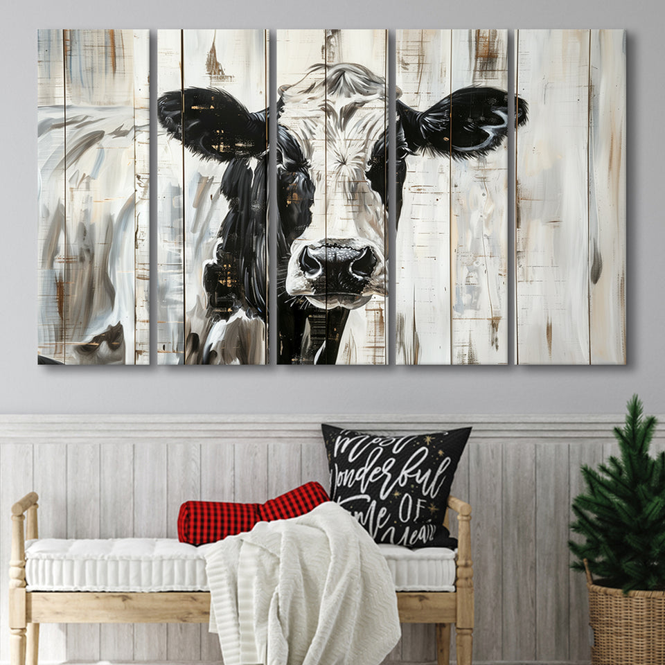 Dairy Cow Painted On Wood Background Rustic Painting, Extra Large Multi 5 Panel Canvas Print Wall Art Decor