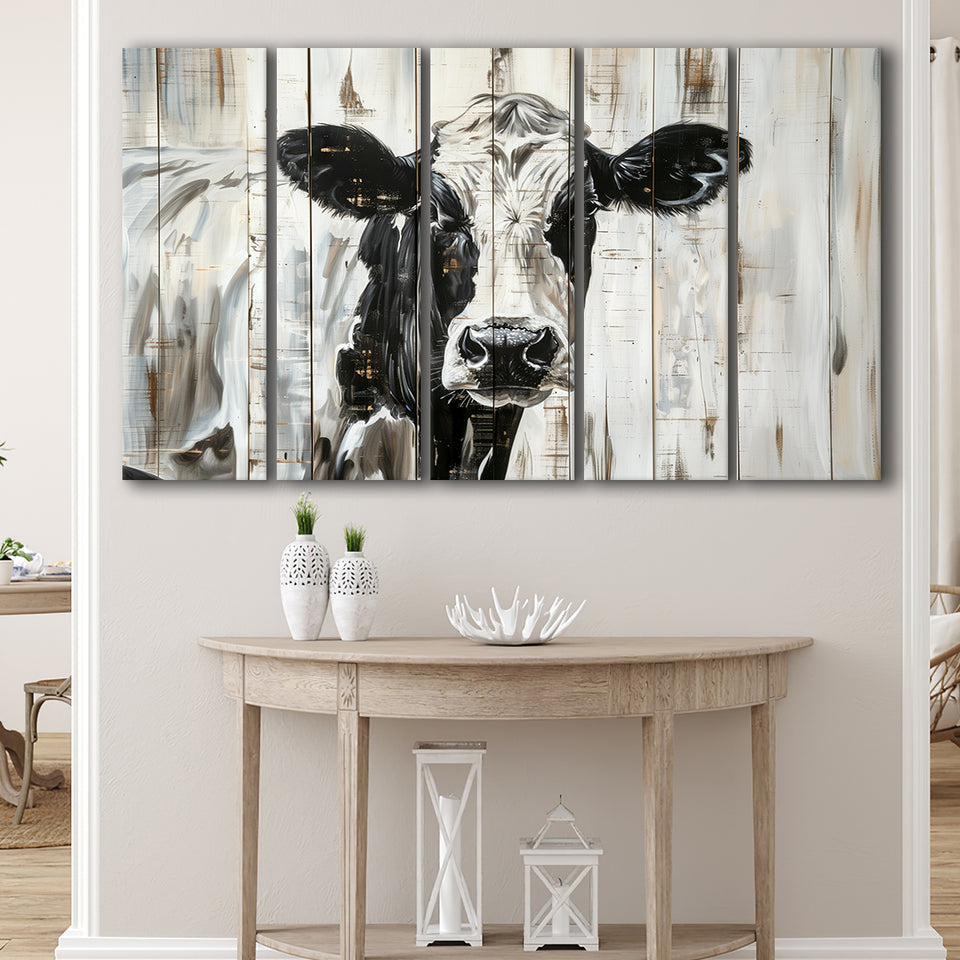 Dairy Cow Painted On Wood Background Rustic Painting, Extra Large Multi 5 Panel Canvas Print Wall Art Decor