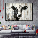 Dairy Cow Painted On Wood Background Rustic Painting, Framed Canvas Print Wall Art Decor,Floating Frame