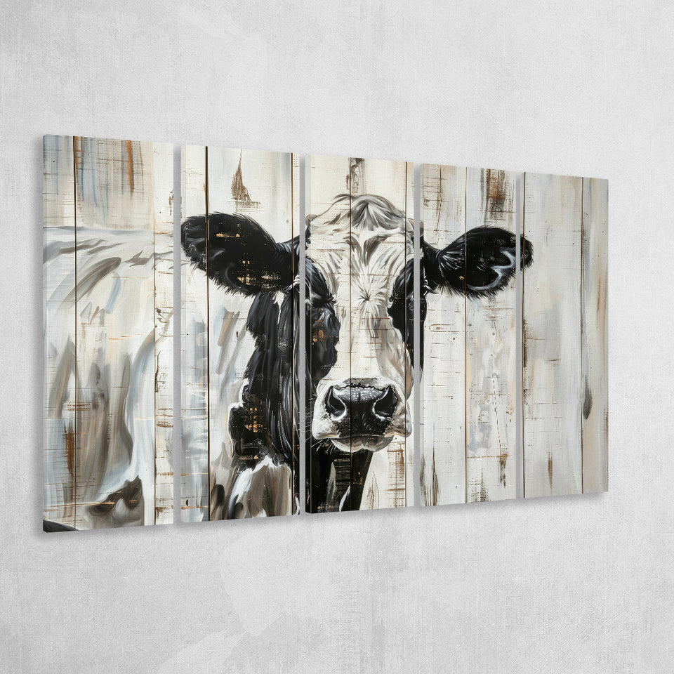 Dairy Cow Painted On Wood Background Rustic Painting, Extra Large Multi 5 Panel Canvas Print Wall Art Decor
