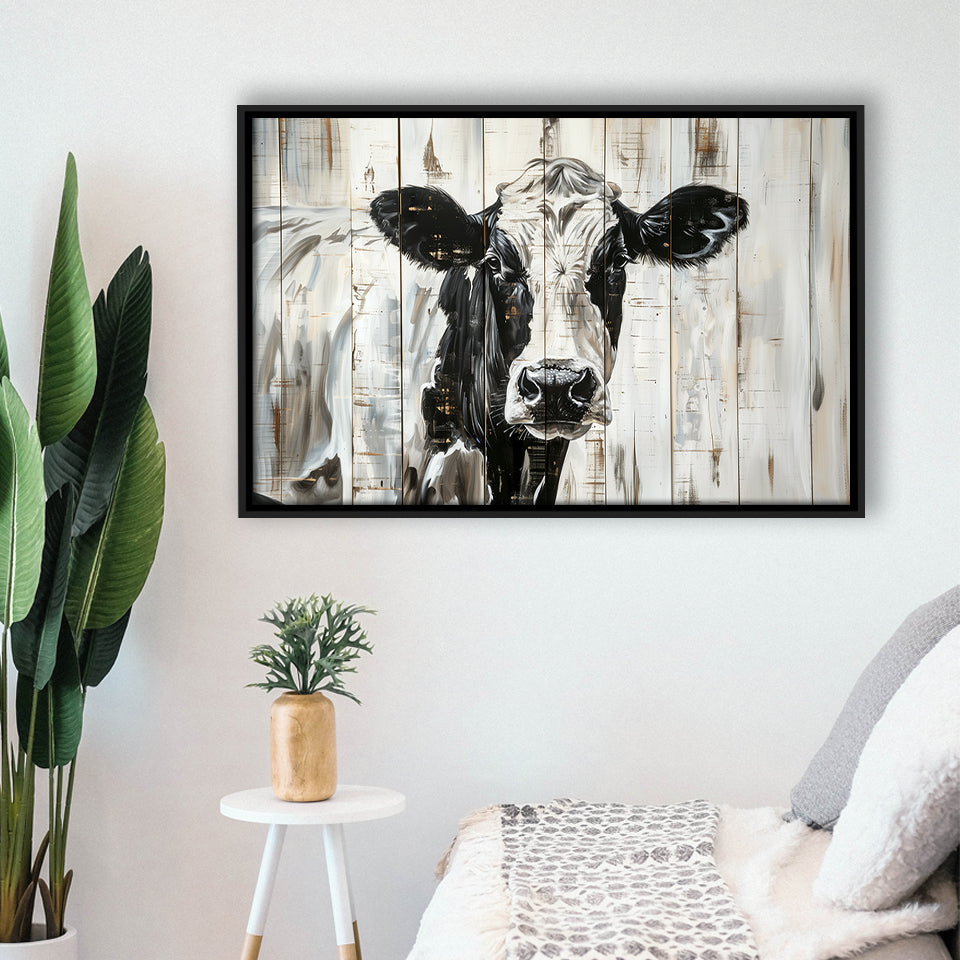 Dairy Cow Painted On Wood Background Rustic Painting, Framed Canvas Print Wall Art Decor,Floating Frame