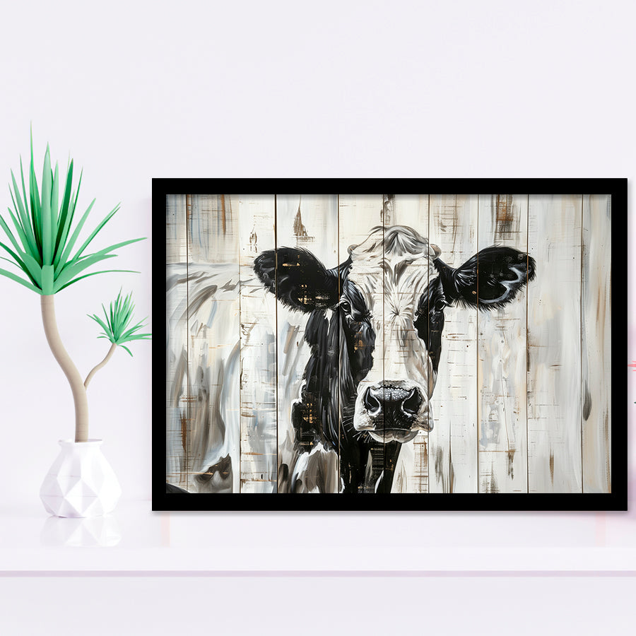 Dairy Cow Painted On Wood Background Rustic Painting, Framed Art Print Wall Decor, Framed Picture