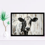 Dairy Cow Painted On Wood Background Rustic Painting, Framed Art Print Wall Decor, Framed Picture