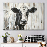 Dairy Cow Painted On Wood Background Rustic Painting, Canvas Print Wall Art Decor, Landscape Art Print