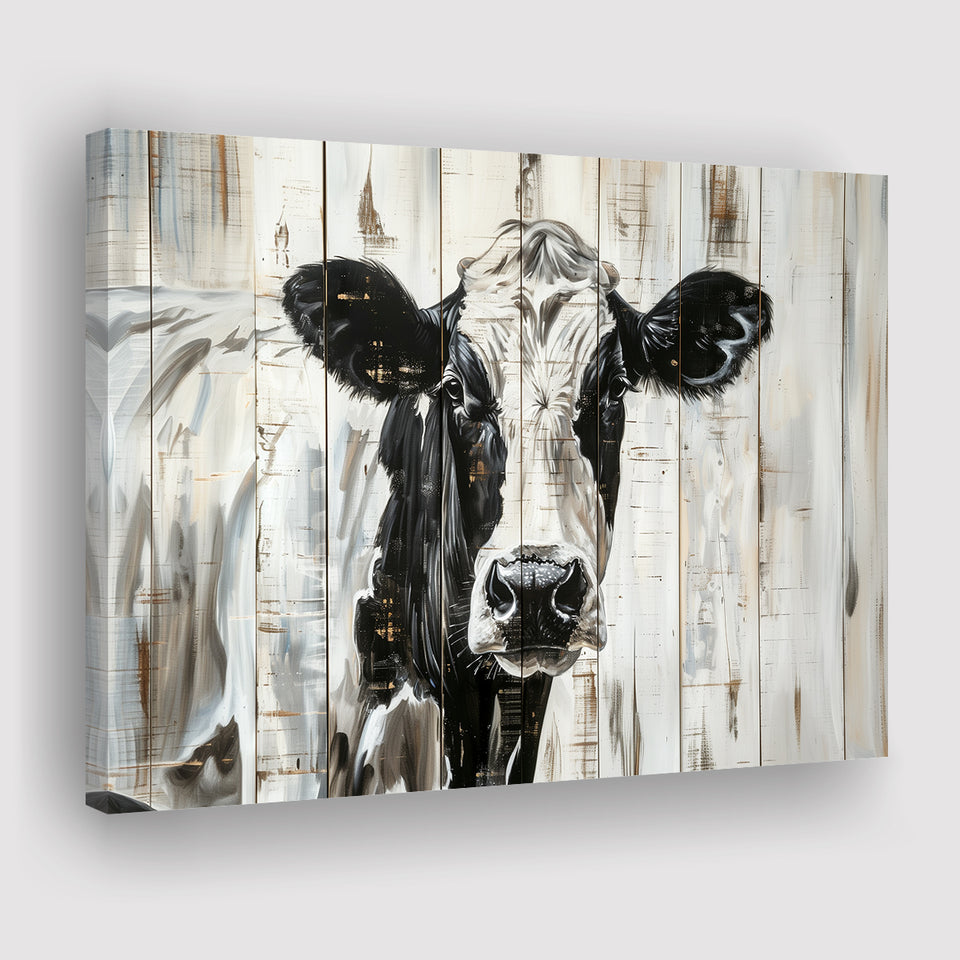Dairy Cow Painted On Wood Background Rustic Painting, Canvas Print Wall Art Decor, Landscape Art Print