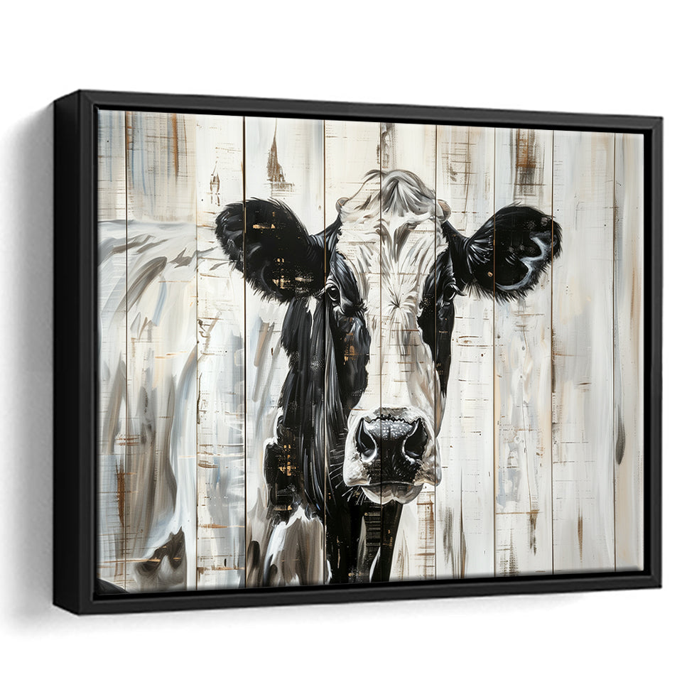 Dairy Cow Painted On Wood Background Rustic Painting, Framed Canvas Print Wall Art Decor,Floating Frame