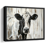 Dairy Cow Painted On Wood Background Rustic Painting, Framed Canvas Print Wall Art Decor,Floating Frame