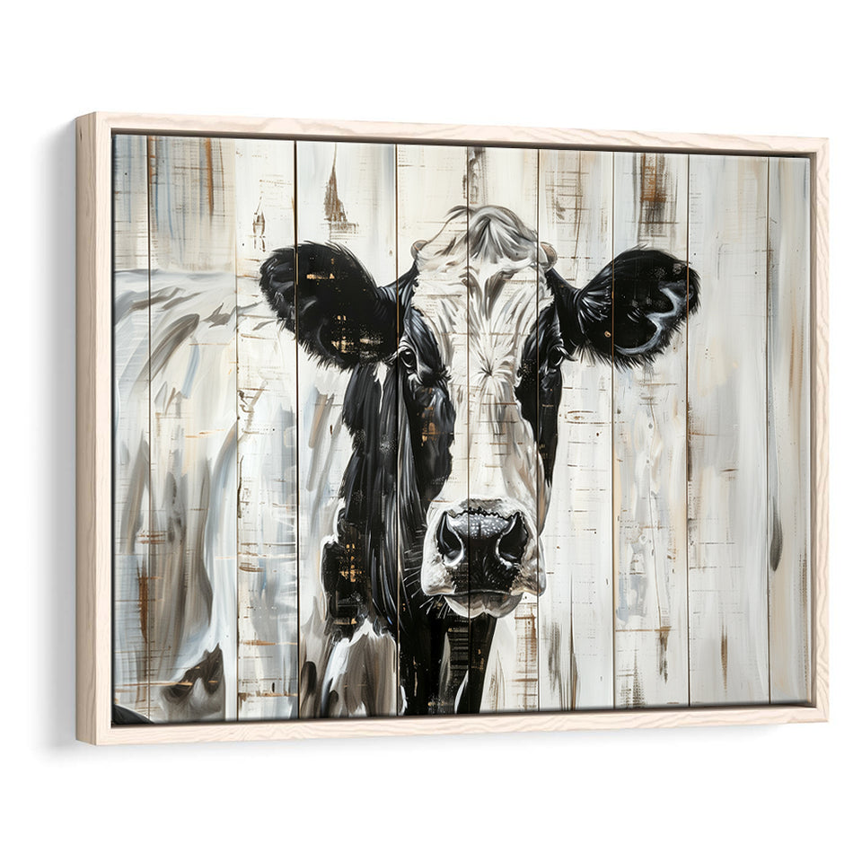 Dairy Cow Painted On Wood Background Rustic Painting, Framed Canvas Print Wall Art Decor,Floating Frame