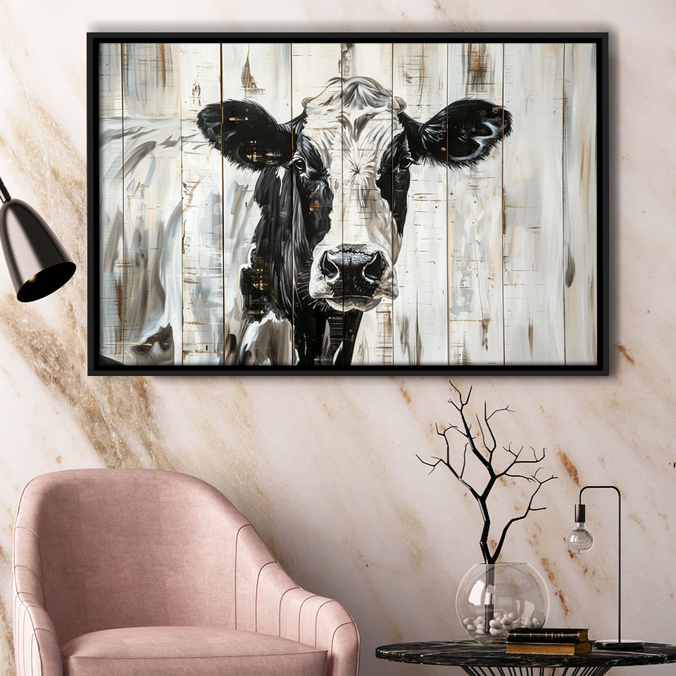 Dairy Cow Painted On Wood Background Rustic Painting, Framed Canvas Print Wall Art Decor,Floating Frame