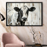Dairy Cow Painted On Wood Background Rustic Painting, Framed Canvas Print Wall Art Decor,Floating Frame