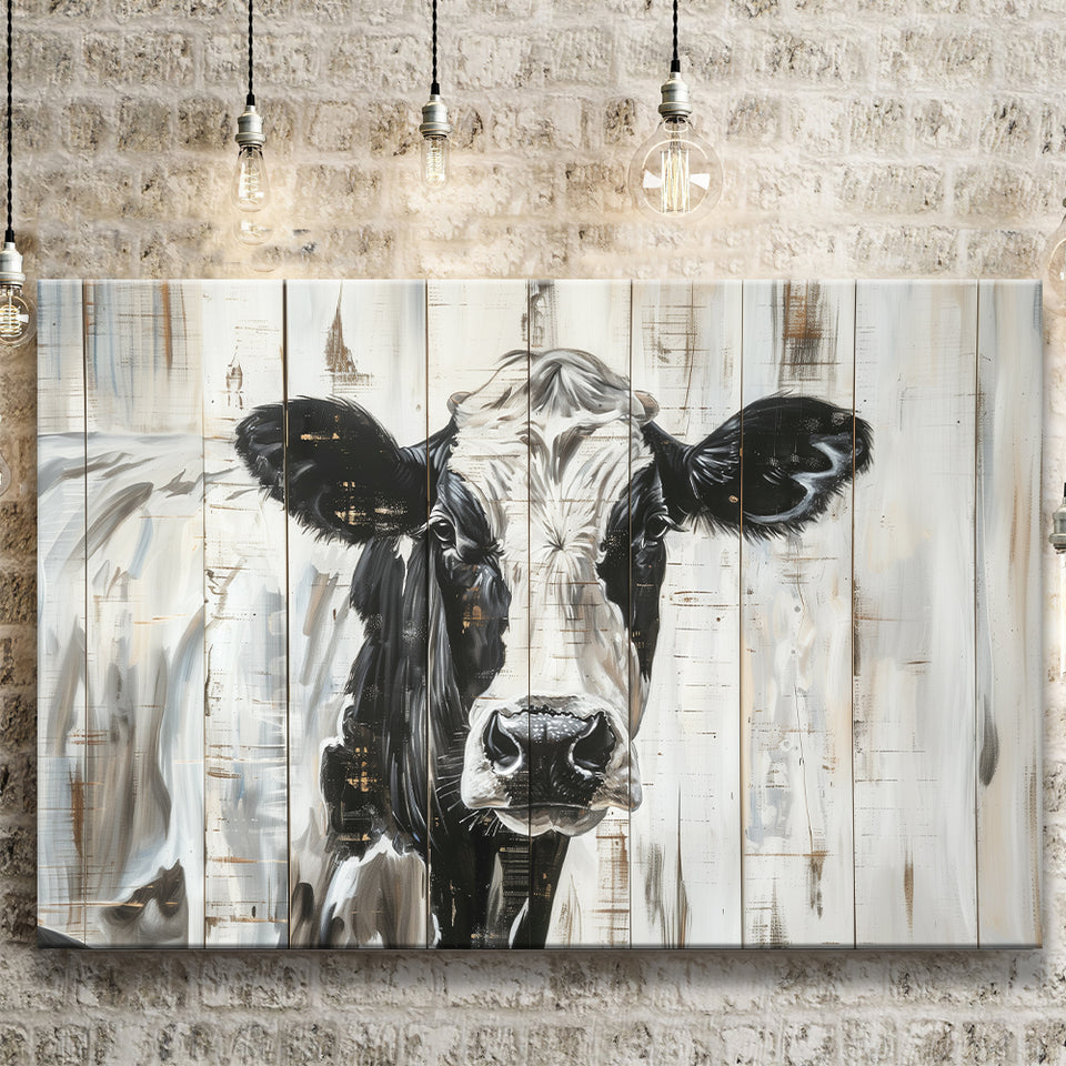 Dairy Cow Painted On Wood Background Rustic Painting, Canvas Print Wall Art Decor, Landscape Art Print