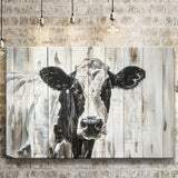 Dairy Cow Painted On Wood Background Rustic Painting, Canvas Print Wall Art Decor, Landscape Art Print