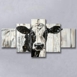 Dairy Cow Painted On Wood Background Rustic Painting, Multi Panel Canvas Print Wall Art Decor, 5 Mixed Panel