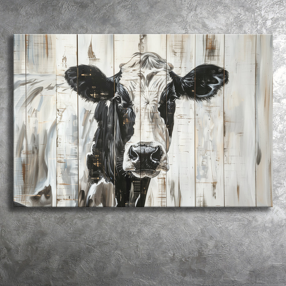 Dairy Cow Painted On Wood Background Rustic Painting, Canvas Print Wall Art Decor, Landscape Art Print
