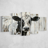Dairy Cow Painted On Wood Background Rustic Painting, Multi Panel Canvas Print Wall Art Decor, 5 Mixed Panel