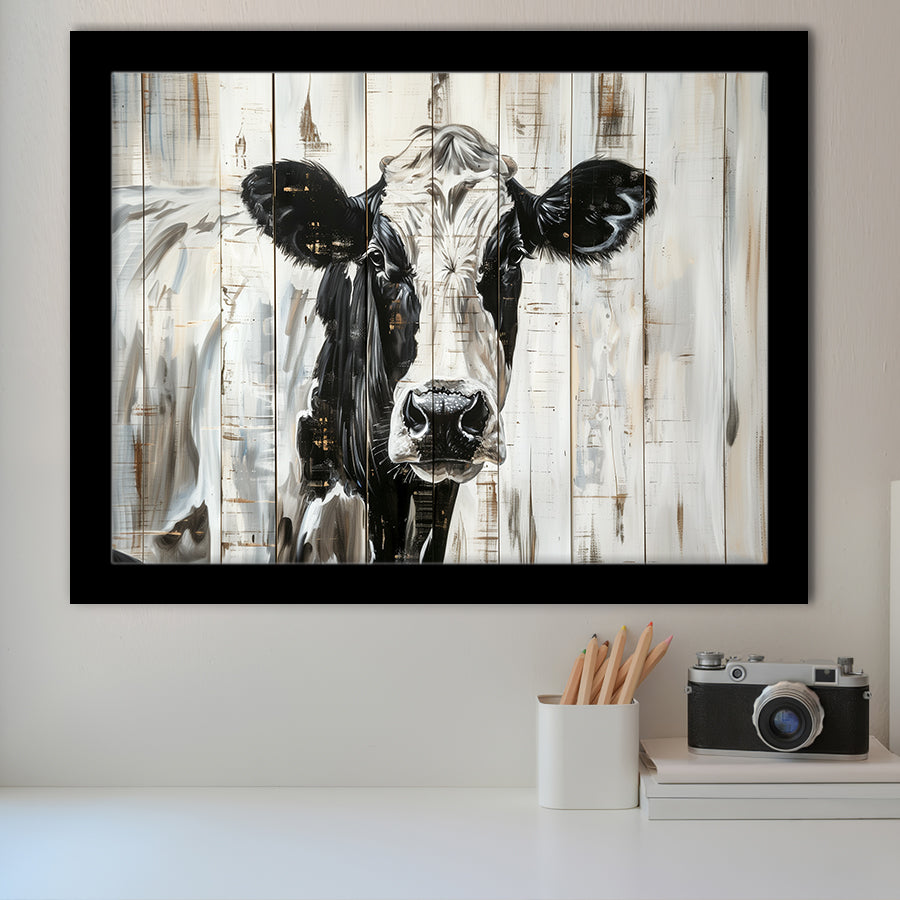 Dairy Cow Painted On Wood Background Rustic Painting, Framed Art Print Wall Decor, Framed Picture