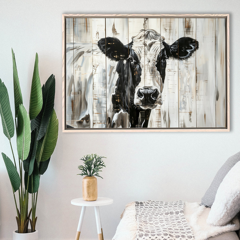 Dairy Cow Painted On Wood Background Rustic Painting, Framed Canvas Print Wall Art Decor,Floating Frame