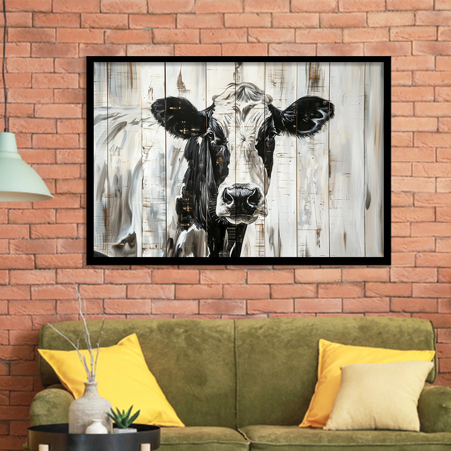 Dairy Cow Painted On Wood Background Rustic Painting, Framed Art Print Wall Decor, Framed Picture