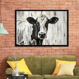 Dairy Cow Painted On Wood Background Rustic Painting, Framed Art Print Wall Decor, Framed Picture