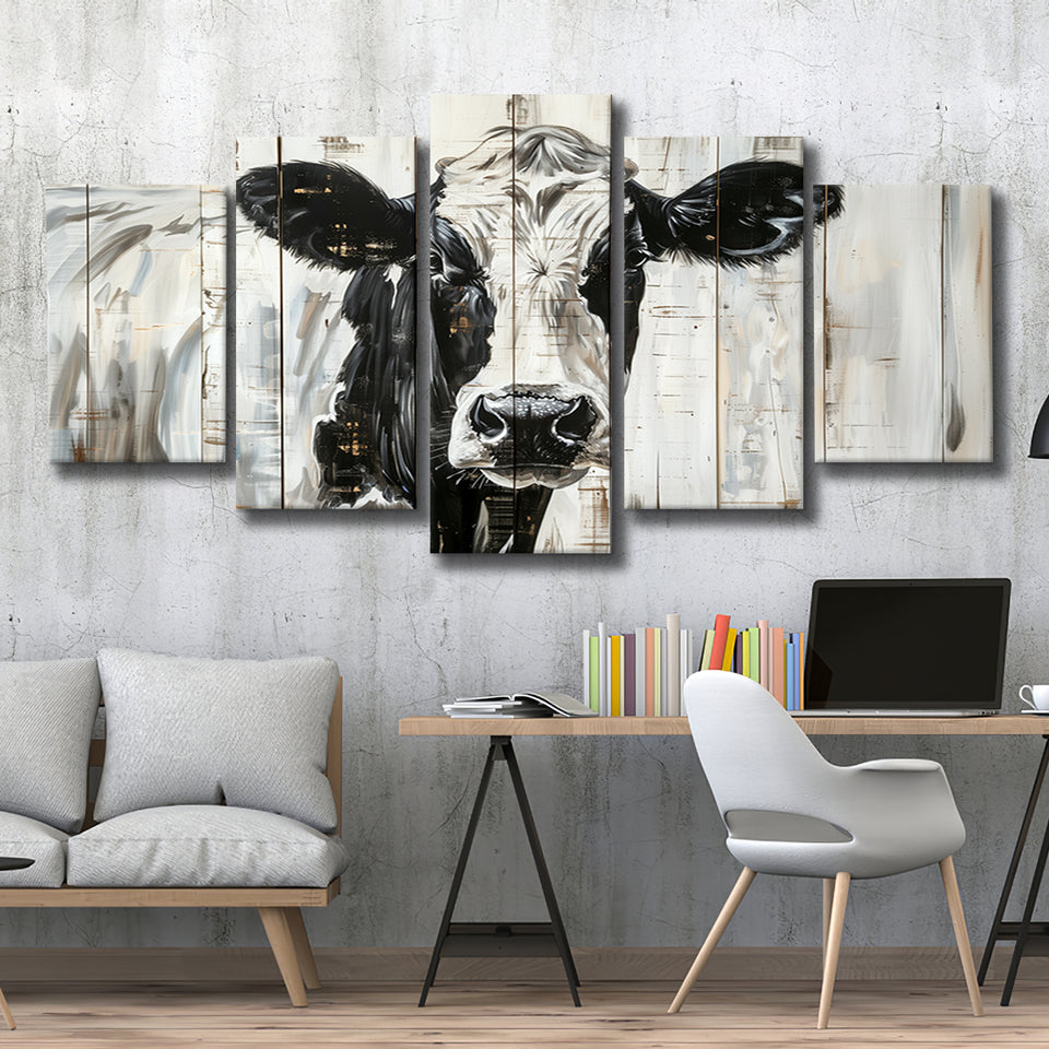 Dairy Cow Painted On Wood Background Rustic Painting, Multi Panel Canvas Print Wall Art Decor, 5 Mixed Panel
