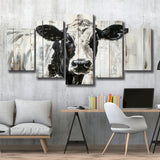 Dairy Cow Painted On Wood Background Rustic Painting, Multi Panel Canvas Print Wall Art Decor, 5 Mixed Panel