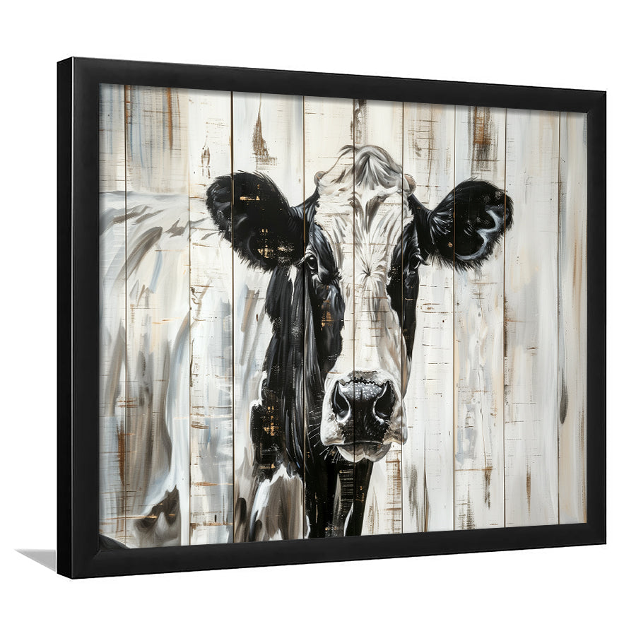 Dairy Cow Painted On Wood Background Rustic Painting, Framed Art Print Wall Decor, Framed Picture