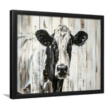 Dairy Cow Painted On Wood Background Rustic Painting, Framed Art Print Wall Decor, Framed Picture
