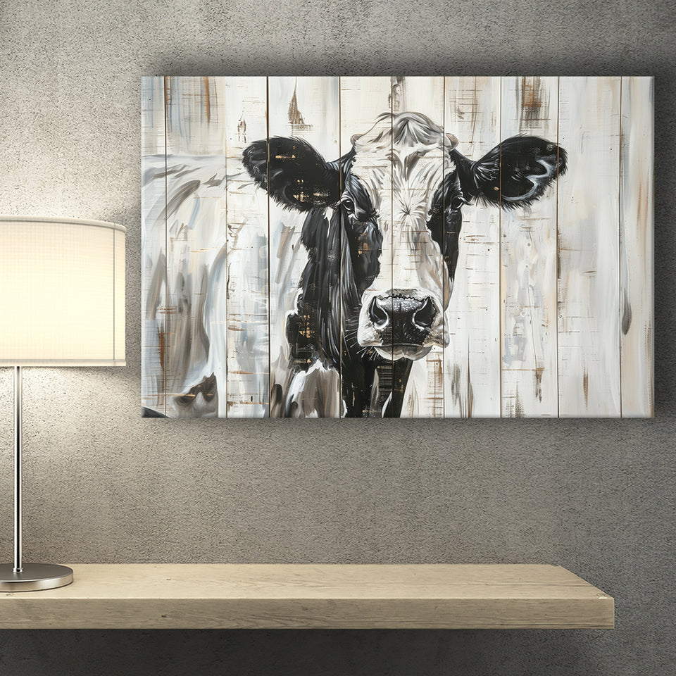 Dairy Cow Painted On Wood Background Rustic Painting, Canvas Print Wall Art Decor, Landscape Art Print
