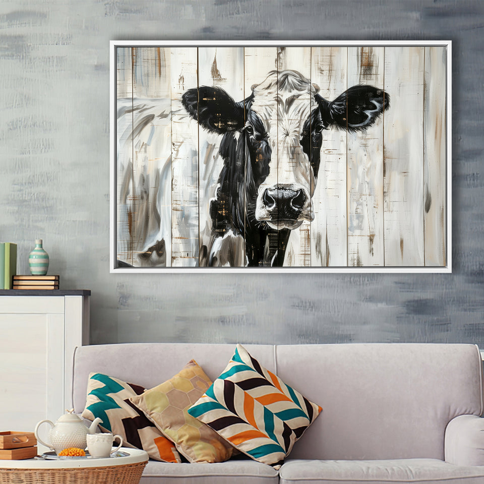 Dairy Cow Painted On Wood Background Rustic Painting, Framed Canvas Print Wall Art Decor,Floating Frame