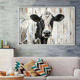 Dairy Cow Painted On Wood Background Rustic Painting, Framed Canvas Print Wall Art Decor,Floating Frame