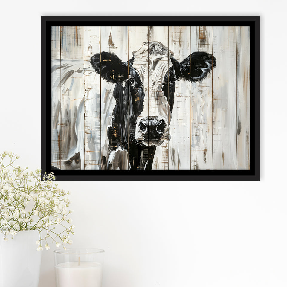 Dairy Cow Painted On Wood Background Rustic Painting, Framed Canvas Print Wall Art Decor,Floating Frame