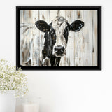 Dairy Cow Painted On Wood Background Rustic Painting, Framed Canvas Print Wall Art Decor,Floating Frame