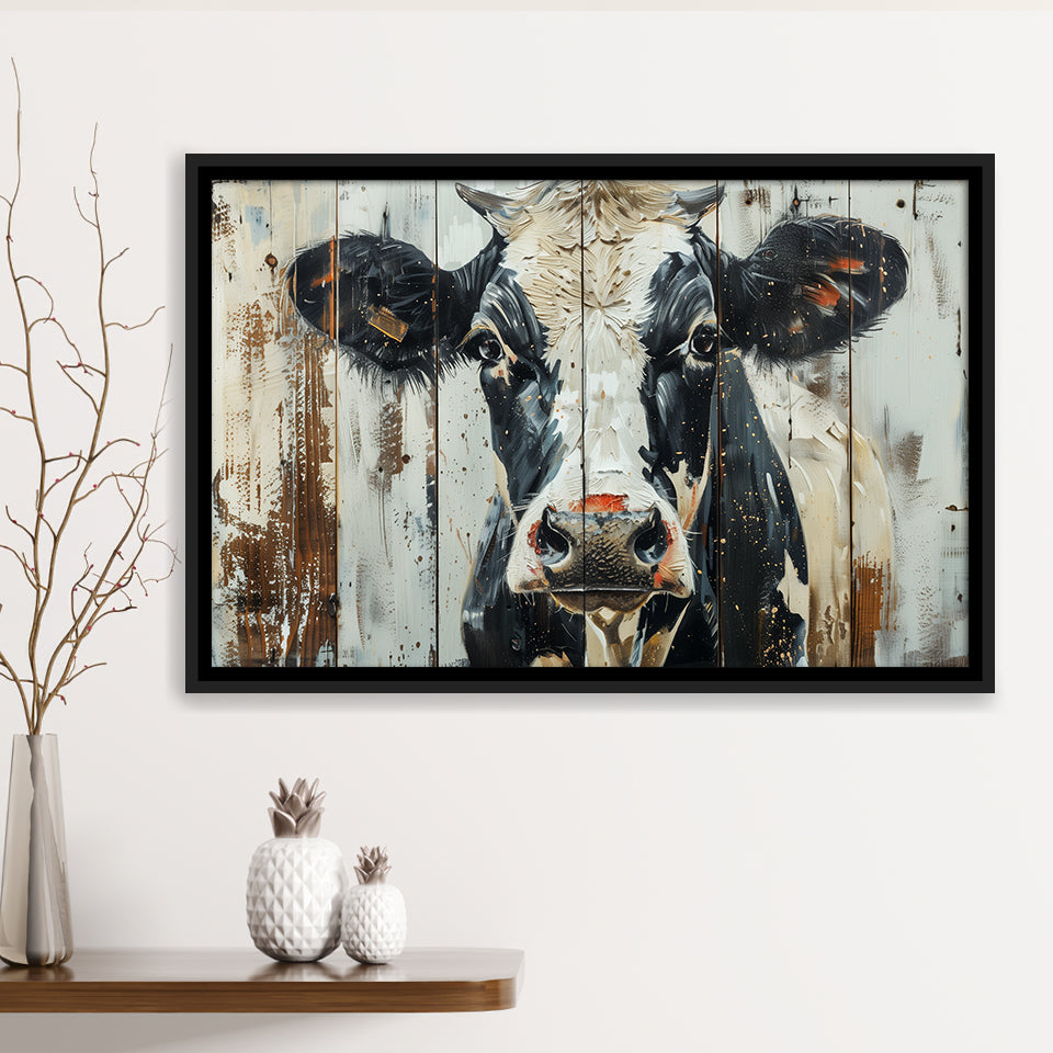 Dairy Cow Painted On Wood Background Rustic Art, Framed Canvas Print Wall Art Decor,Floating Frame