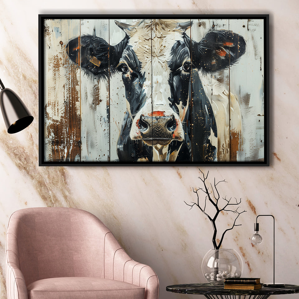 Dairy Cow Painted On Wood Background Rustic Art, Framed Canvas Print Wall Art Decor,Floating Frame
