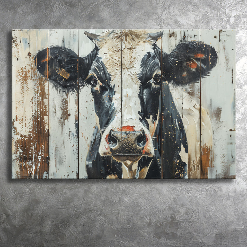 Dairy Cow Painted On Wood Background Rustic Art, Canvas Print Wall Art Decor, Landscape Art Print