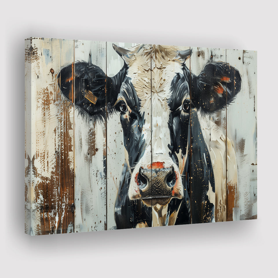 Dairy Cow Painted On Wood Background Rustic Art, Canvas Print Wall Art Decor, Landscape Art Print